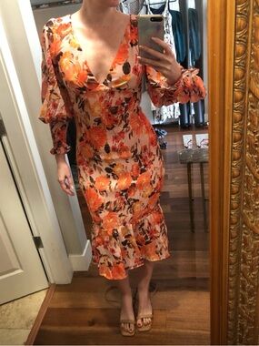 Orange Floral V-Neck Smocked Midi Dress